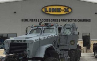 Защита броневика (МРАП) полимерным покрытием Line-X от механических повреждений, вторичных осколков и противодействие скольжению.