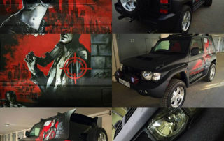 Защита кузова внедорожника Mitsubishi Pajero полимерным покрытием Line-X от ударов, царапин и коррозии, аэрография в стиле Грайндхаус