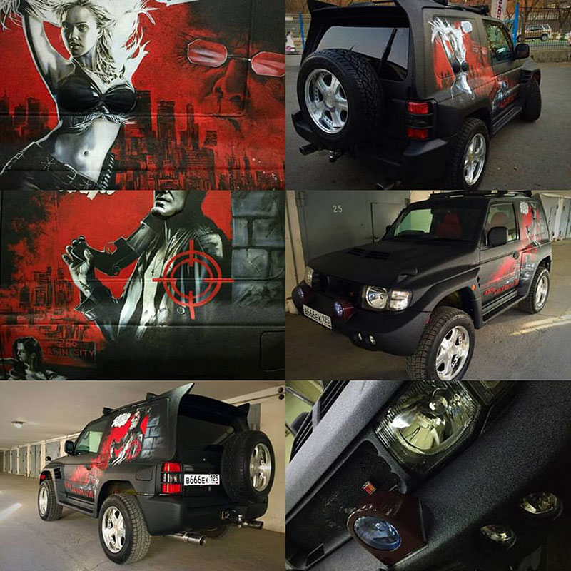Защита кузова внедорожника Mitsubishi Pajero полимерным покрытием Line-X от ударов, царапин и коррозии, аэрография в стиле Грайндхаус