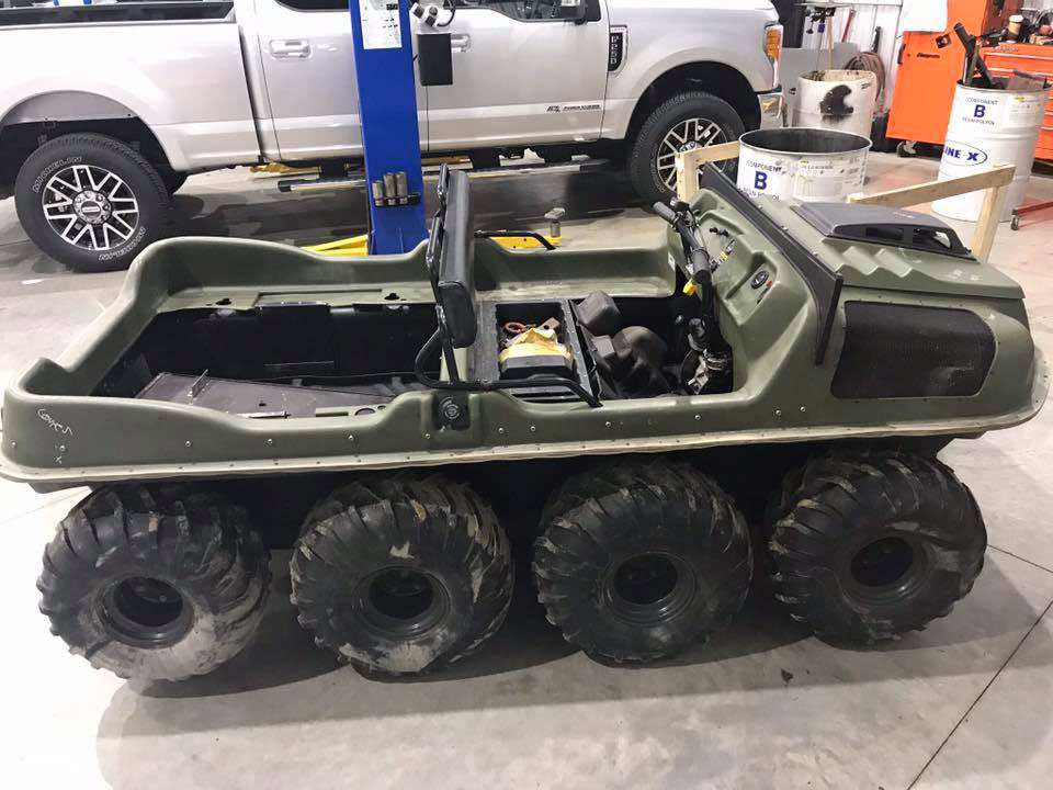 Защита вездехода-амфибии полимерным покрытием Line-X от ударов и царапин, гидроизоляция