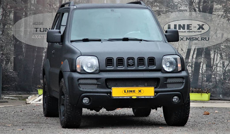 Защита кузова внедорожника Suzuki Jimny от механических повреждений и коррозии полимерным покрытием Line-X